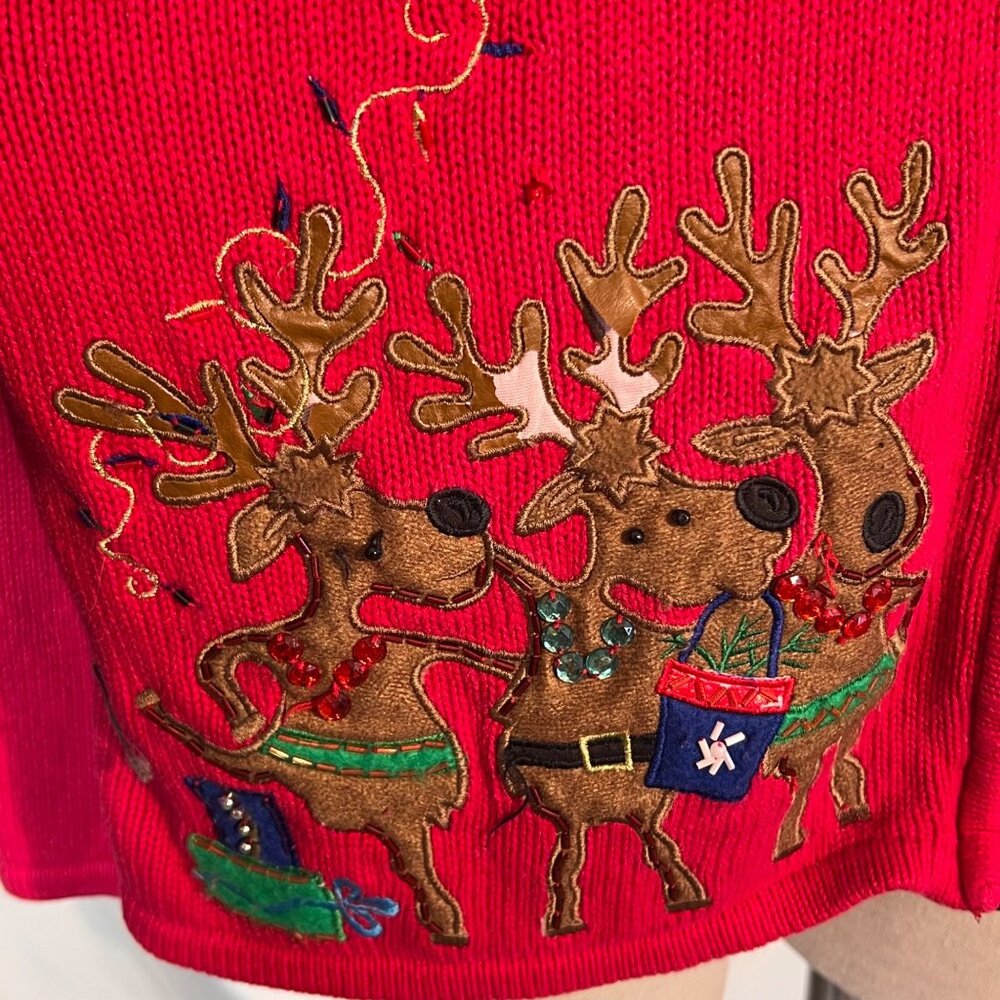 Tiara International Christmas Collection Red Reindeer Sweater Women Size L Zip - Picture 3 of 10